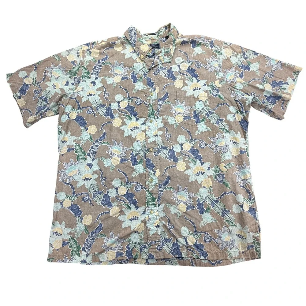 Reyn Spooner Shirt Mens XL Brown Floral Short Sleeve Button Up Cotton Hawaiian